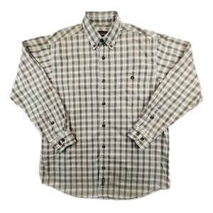 Vintage Woolrich Men's MED Beige Brown Plaid Button Down Long Sleeve Shirt